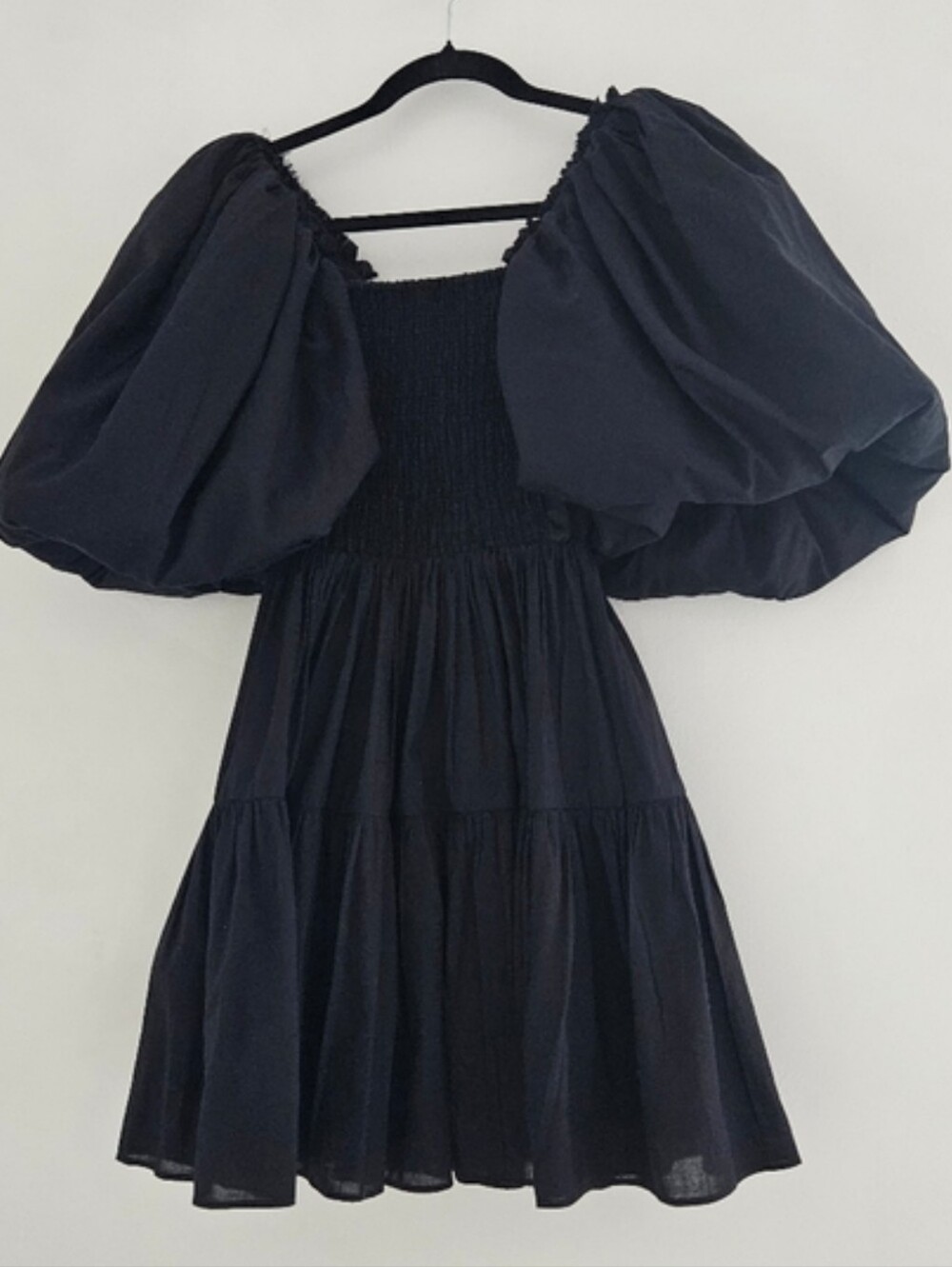 AJE Gianna Black Puff Sleeve A-Line Smocked Mini Dress